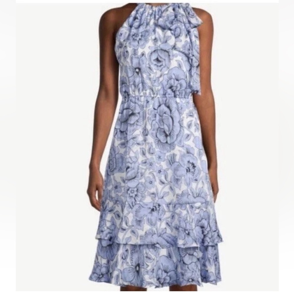 Ann‎ Taylor Factory Blue White Floral Midi Dress Ruffle Sleeveless size small
